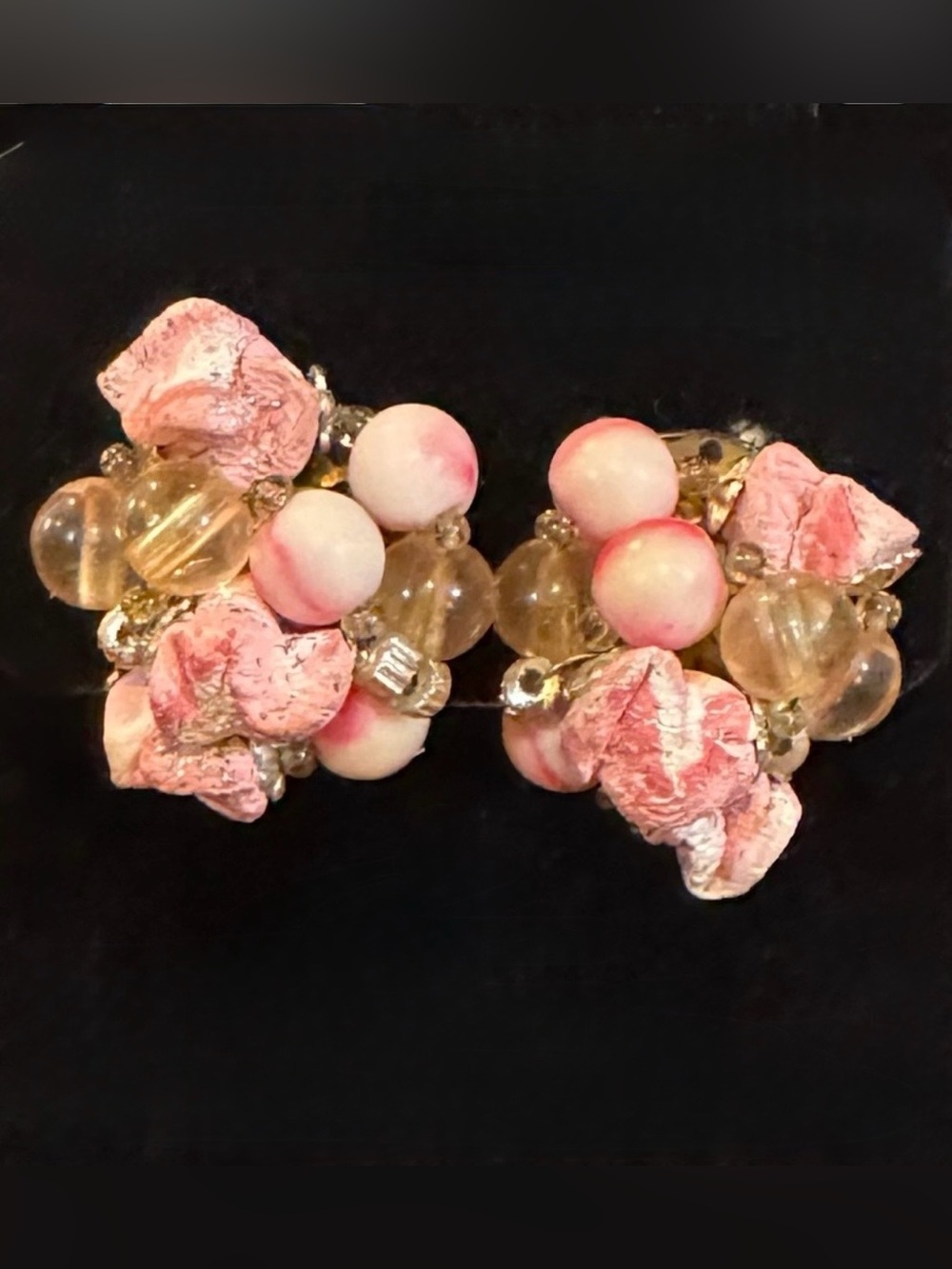Vintage—Pink, Champagne Beaded Clip-On Earrings, GoldTone, Pink Stone-Like Beads